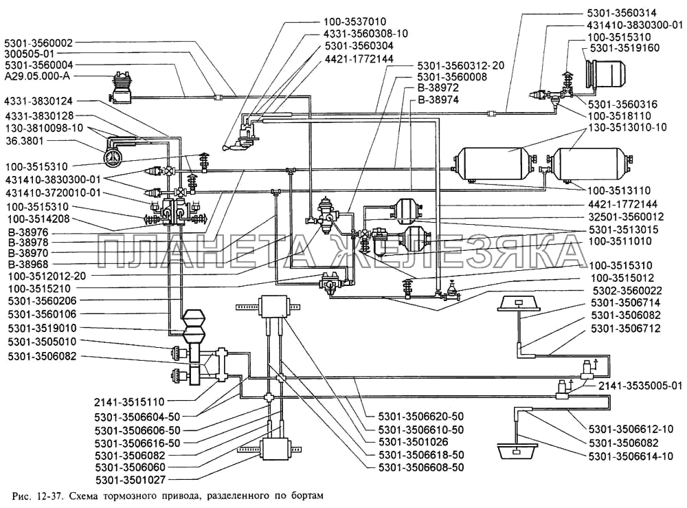 Схема тормозного привода, разделённого по бортам ЗИЛ-3250
