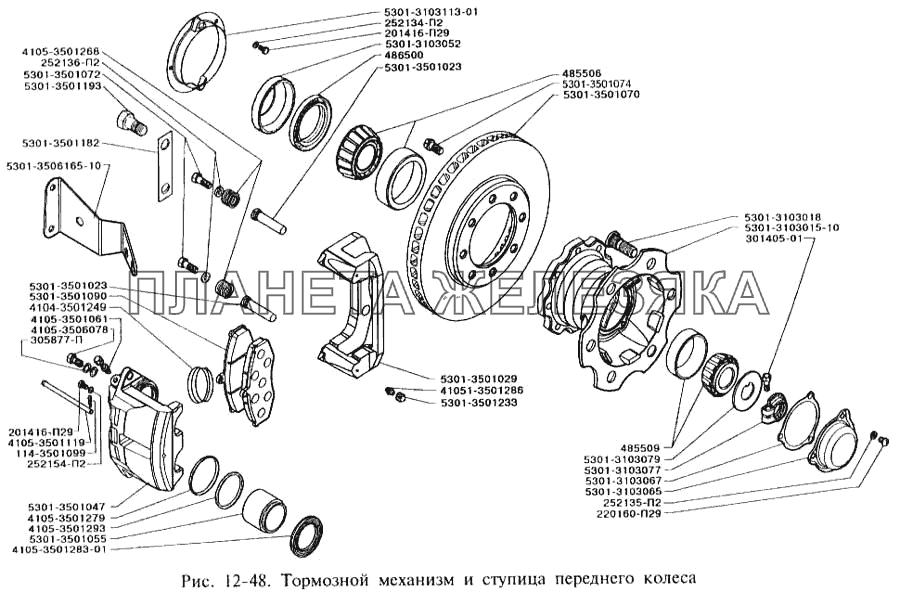 Тормозной механизм и ступица переднего колеса ЗИЛ-3250