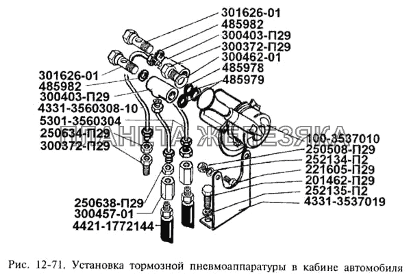 Установка тормозной пневмоаппаратуры в кабине водителя ЗИЛ-3250