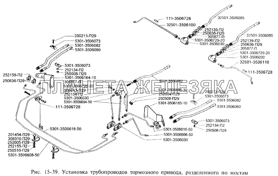 Установка трубопроводов тормозного привода, разделённого по мостам ЗИЛ-3250