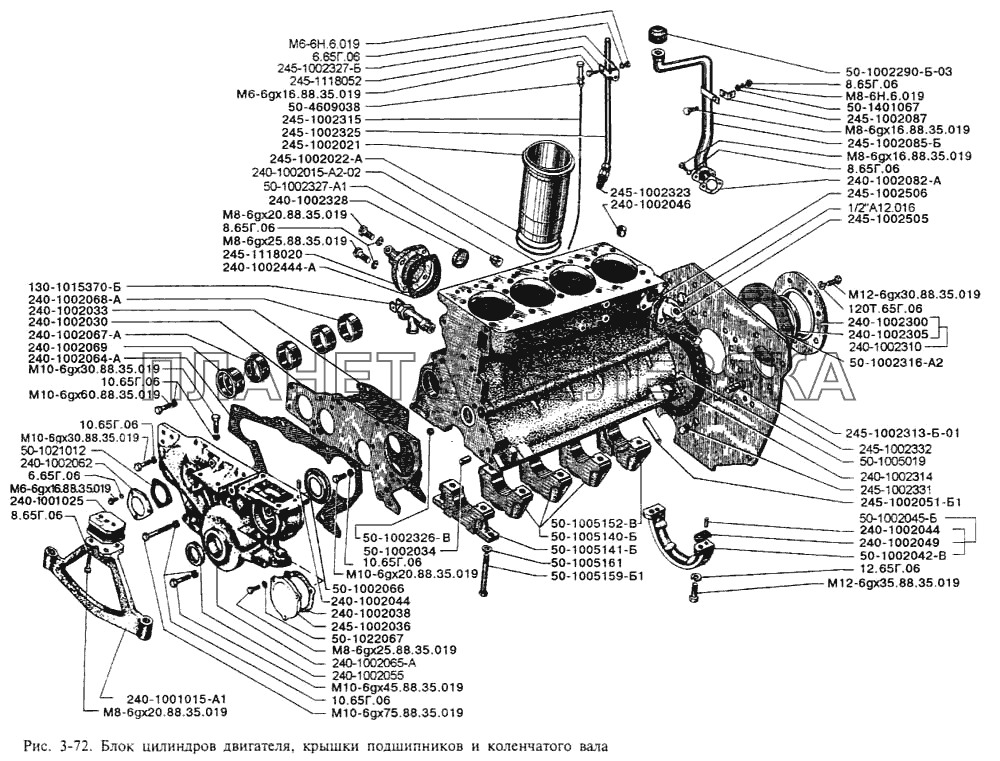 Блок цилиндров двигателя, крышки подшипников и коленчатого вала ЗИЛ-3250