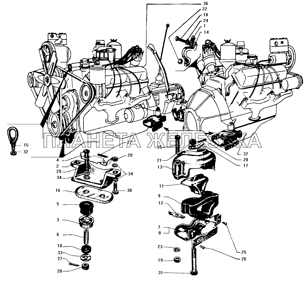Двигатель и его подвеска ЗИЛ-130